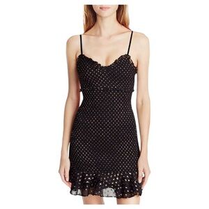 LIKLEY black metallic dot zephra smocked fitted dress 6 S M